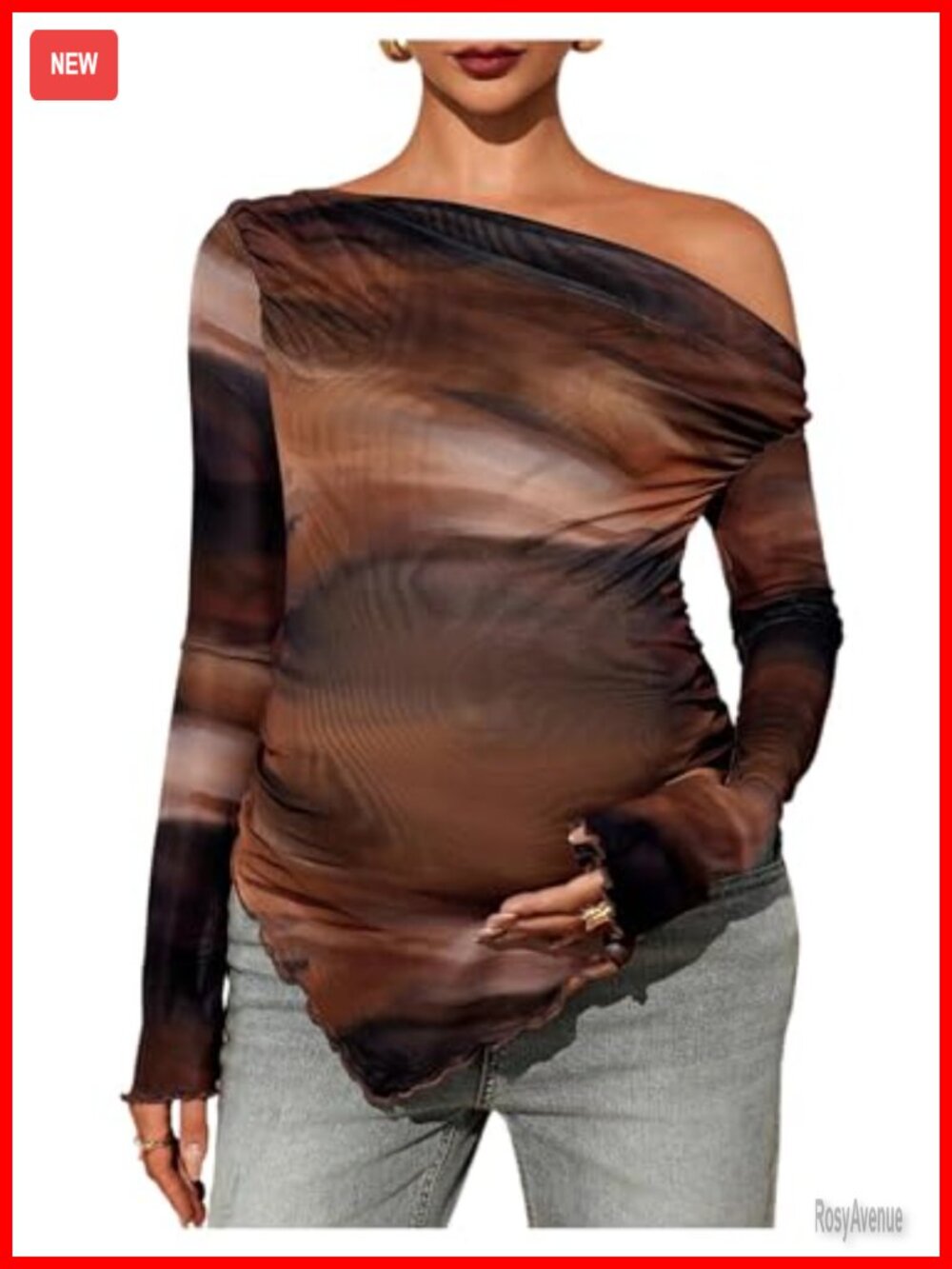 Maternity Off Shoulder Asymmetrical Mesh Top Long Sleeve Ruffle Hem